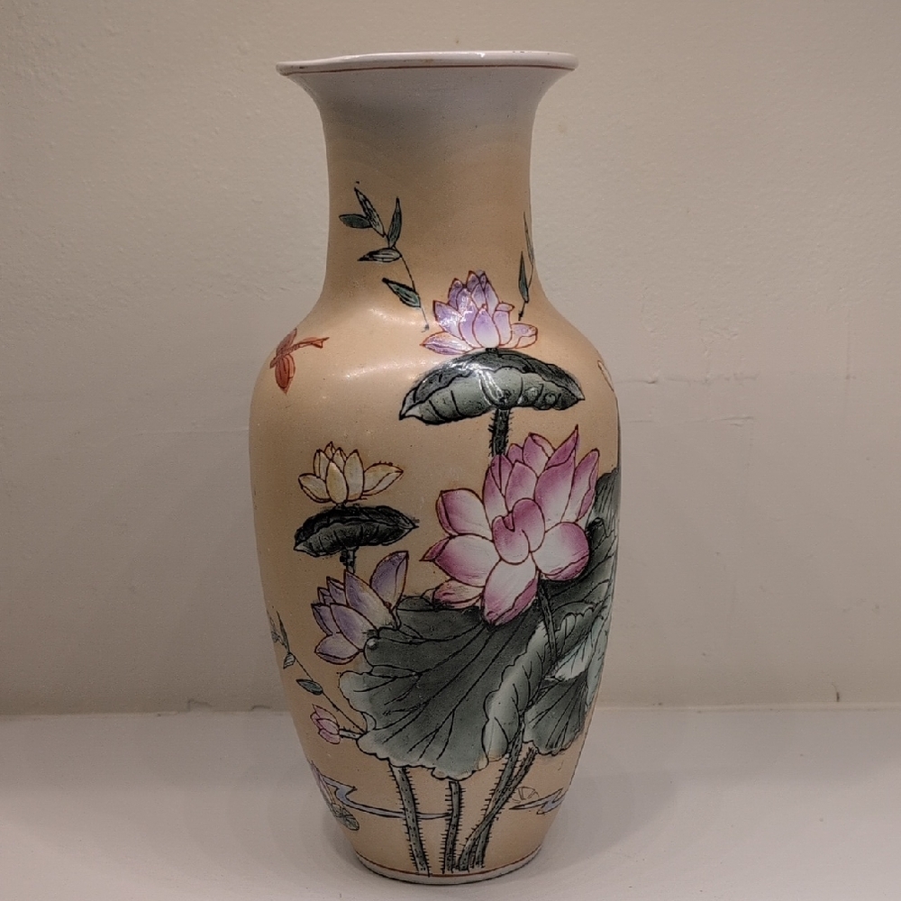 Vintage Chinoiserie 12.5" Hand-Painted Lotus Porcelain Vase With Dragonfly